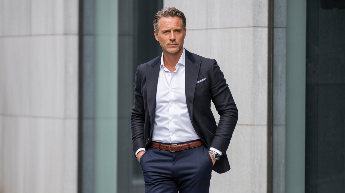 A confident man in a navy suit and white shirt walks with hands in pockets. The background features a modern building with large glass panels.