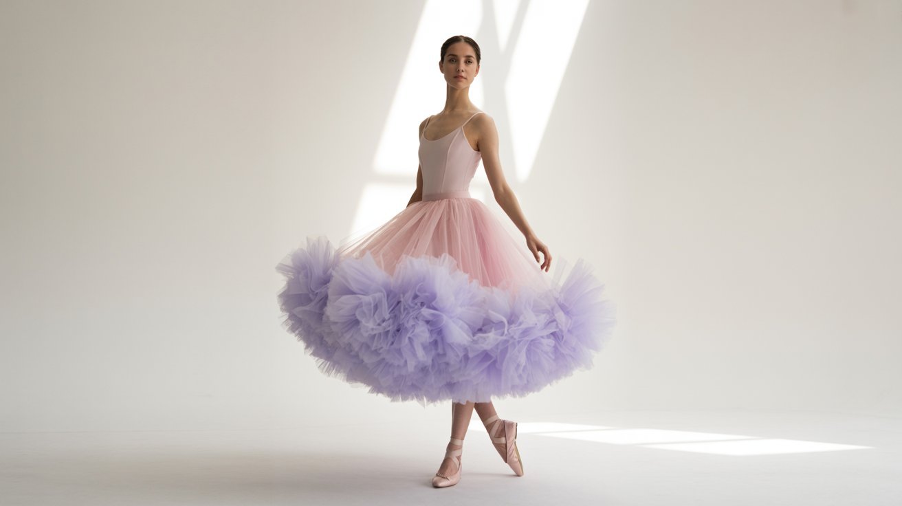 A ballerina stands gracefully en pointe in a sunlit room, wearing a pink top and a fluffy pink and lavender tulle skirt, exuding elegance and poise.