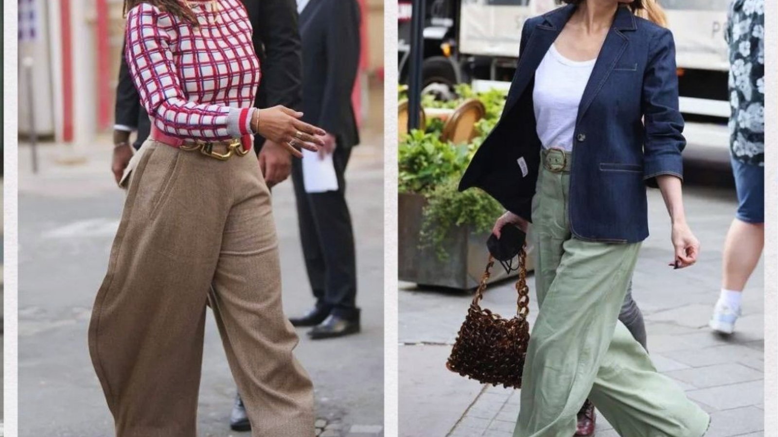 Two women showcase stylish outfits. One wears a red plaid top with beige wide-leg trousers; the other sports a white tee, navy blazer, and green wide-leg pants.
