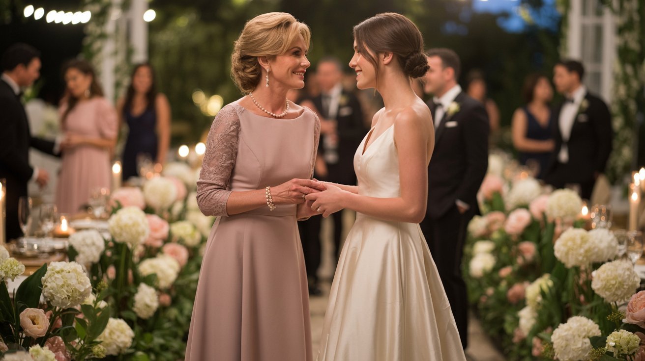A bride in a white gown shares a joyful embrace with an older woman in a pink dress at an elegant wedding, surrounded by smiling guests and lush flowers.
