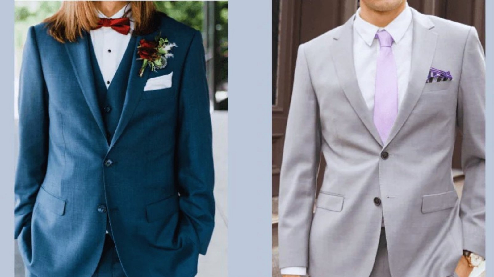 Split image: Left, a person in a blue suit with a red bow tie and boutonniere, conveying formality. Right, a person in a light gray suit with a lavender tie, suggesting modern elegance.