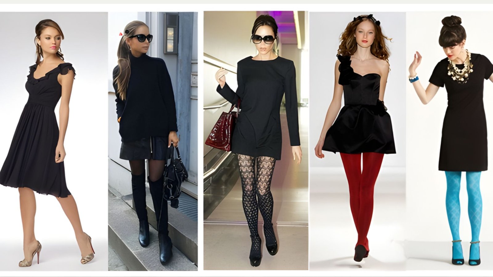A collage of five women modeling different styles of little black dresses. Each dress is paired with unique accessories, such as bold tights and sunglasses, showcasing distinct fashion vibes from elegant to edgy.