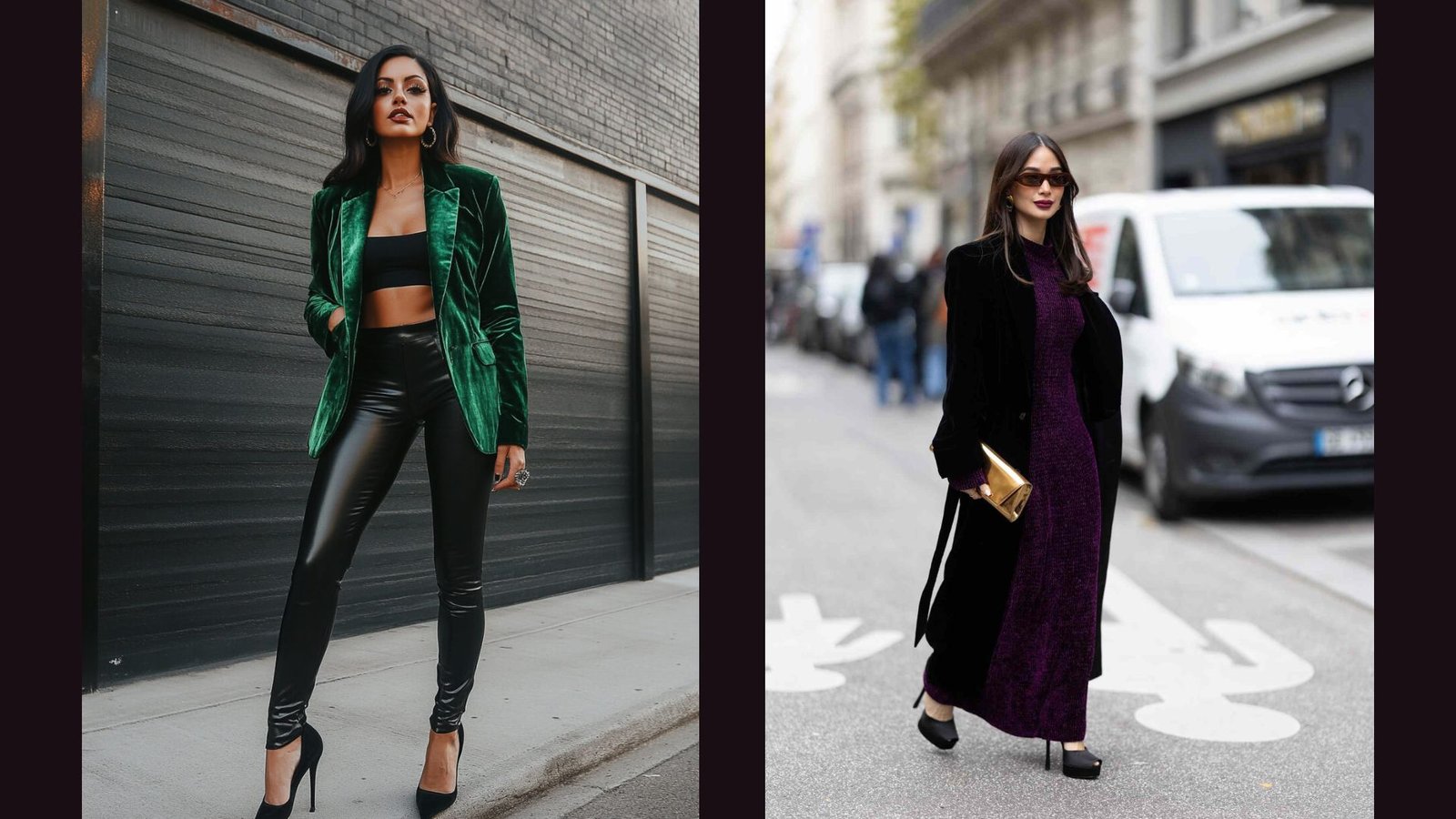 Two women showcase chic street style. Left: woman in green velvet blazer, black crop top, leather pants. Right: woman in long black coat, purple dress, holding a gold clutch.
