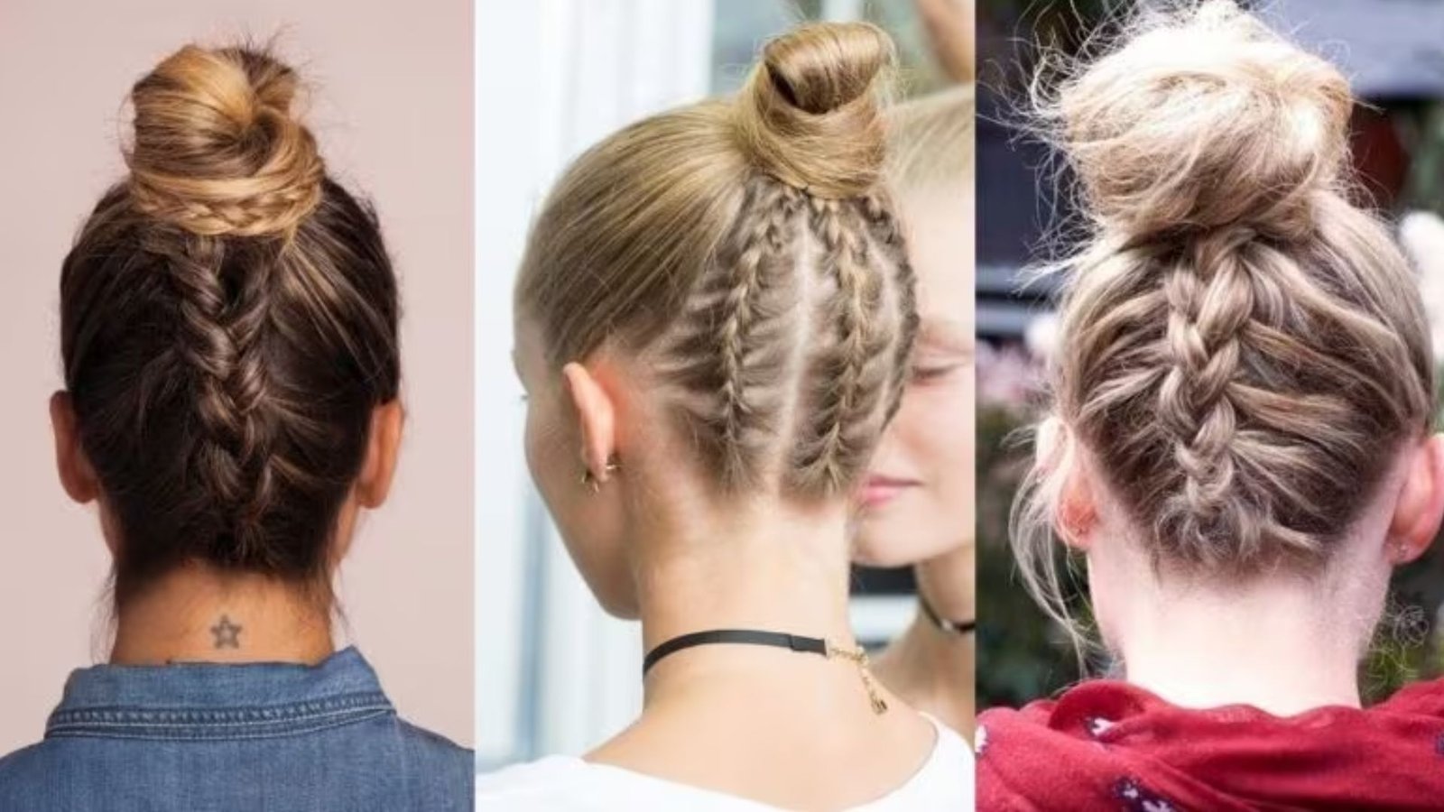 Collage of three women showing different braid-into-bun styles that mimic undercuts. Left has a single French braid, center has double cornrows, right has a loose braid, all leading to topknots.