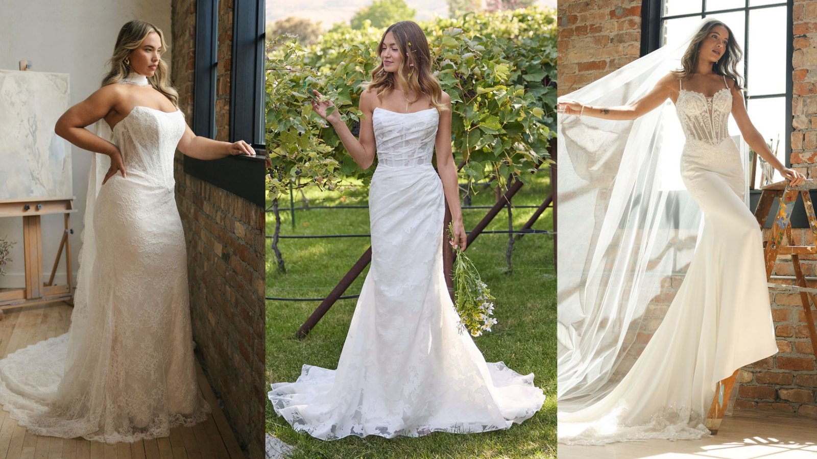 Three women model elegant wedding dresses. The first wears a strapless lace gown indoors, the second poses in a vineyard with a strapless floral dress, and the third stands near a window in a fitted gown with a long veil, exuding a romantic and serene feel.