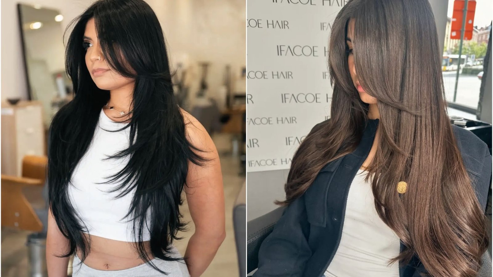Two photos of a woman, featuring her with long layered butterfly cut hair. 
