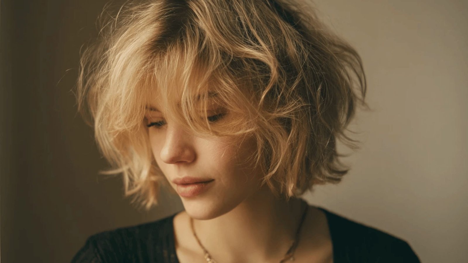 A woman with a sleek short blonde Shaggy Choppy Pixie Cut, representing a fashionable and contemporary hairstyle choice.