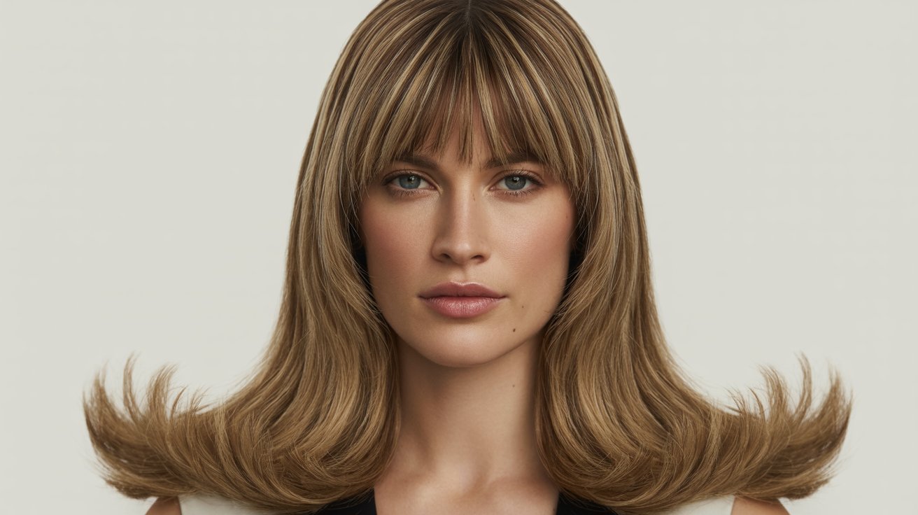 A woman with long hair styled with flicked-out ends and curtain bangs.
