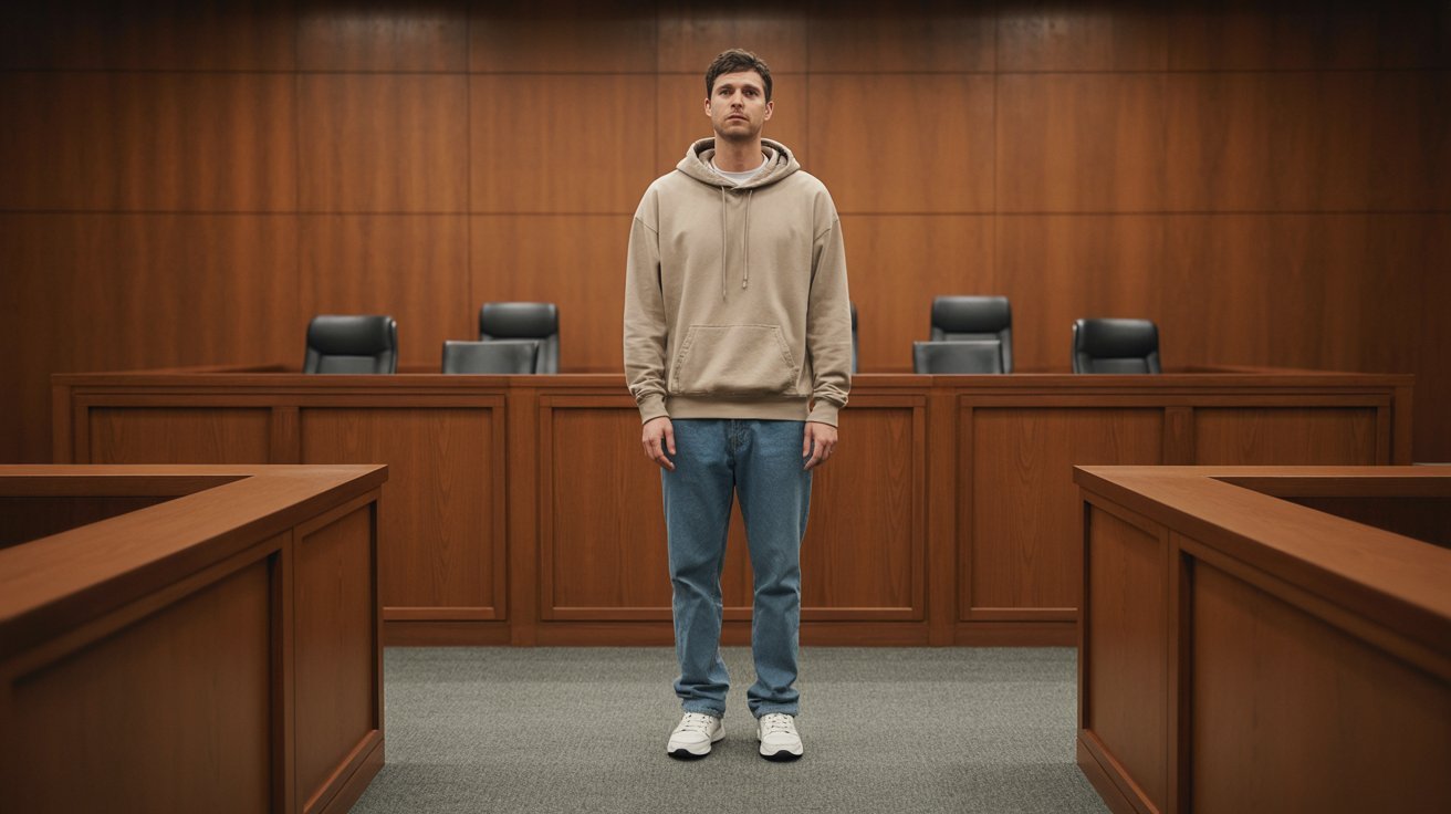 Man wearing casual clothes like jeans and hoodie in a courtroom setting