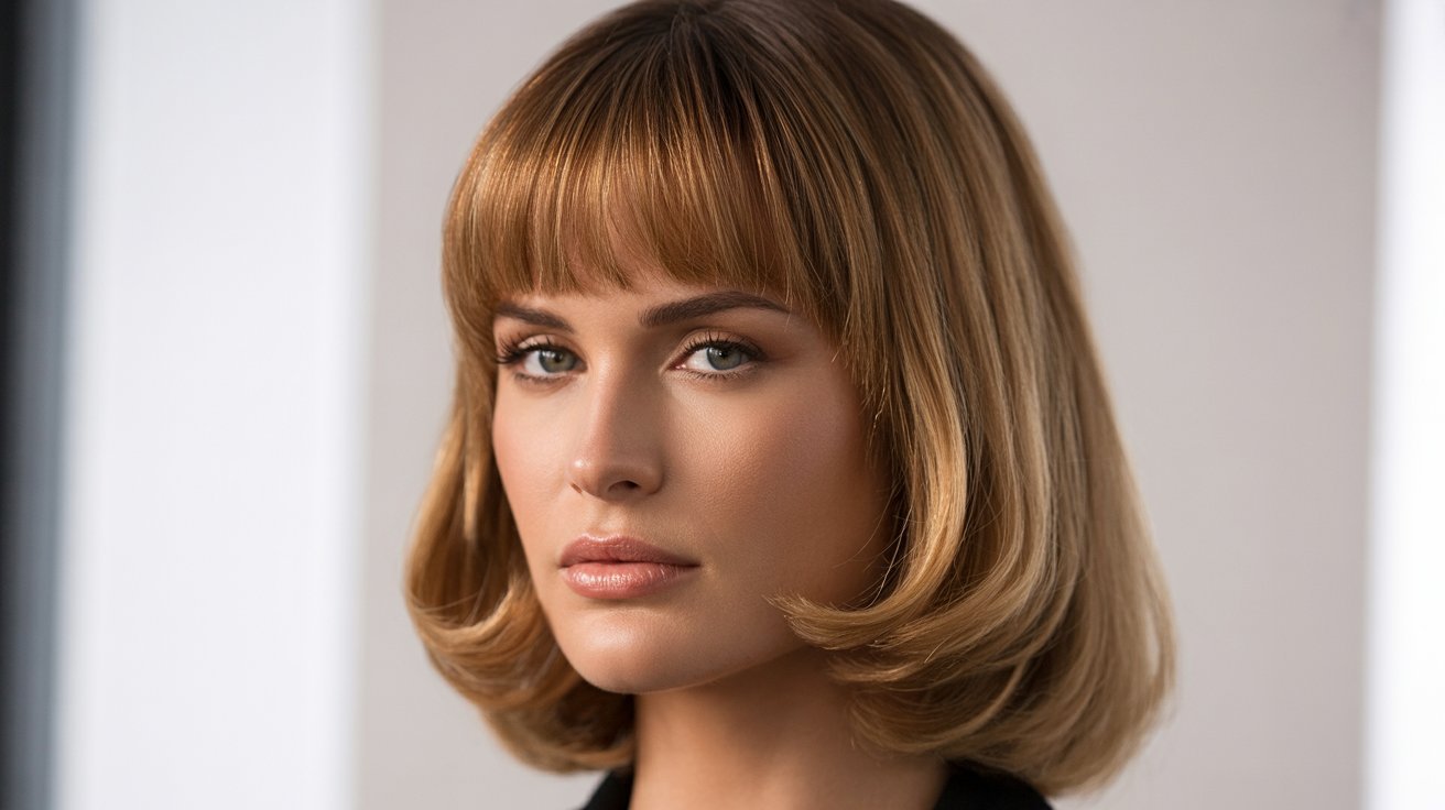 A woman with rounded bangs and a bob haircut, wearing a black blazer, stands confidently against a neutral background.
