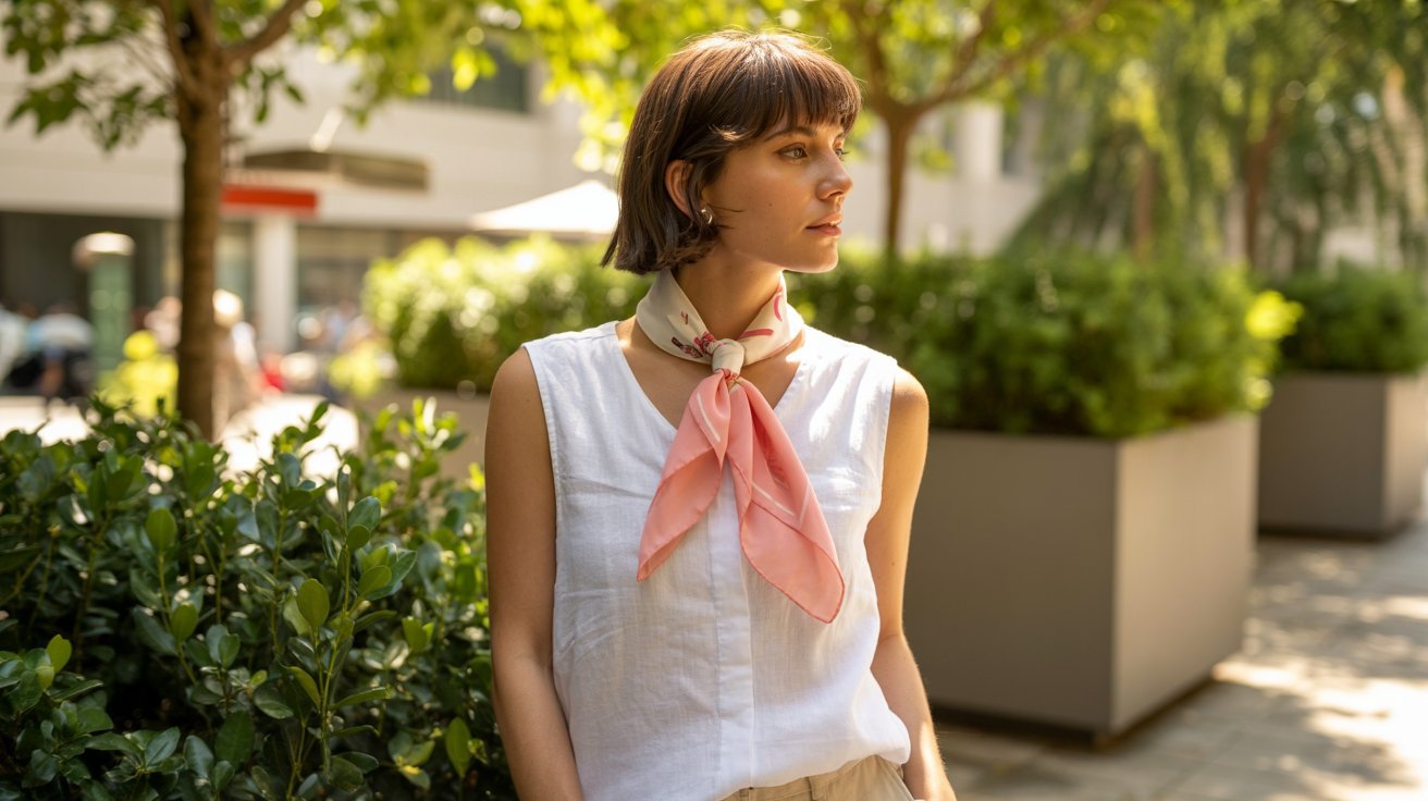 Woman with short brown hair wearing a white sleeveless top and pink scarf stands outdoors in a sunlit garden, looking thoughtfully to the side.