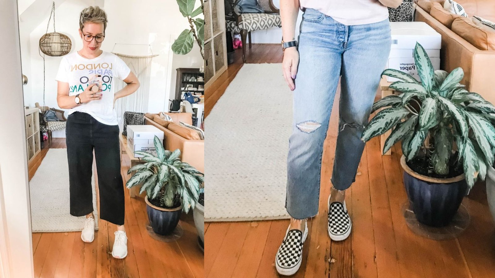Casual graphic tee and jeans outfit for stay at home moms. Left shows a white printed tee with black wide-leg pants, right shows light wash ripped jeans with checkered slip-ons. 