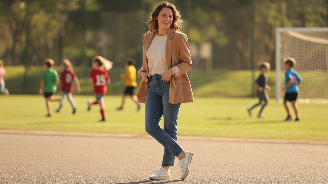 A woman stands on a soccer field, dressed in a casual blazer, tee, and denim, blending style with comfort.