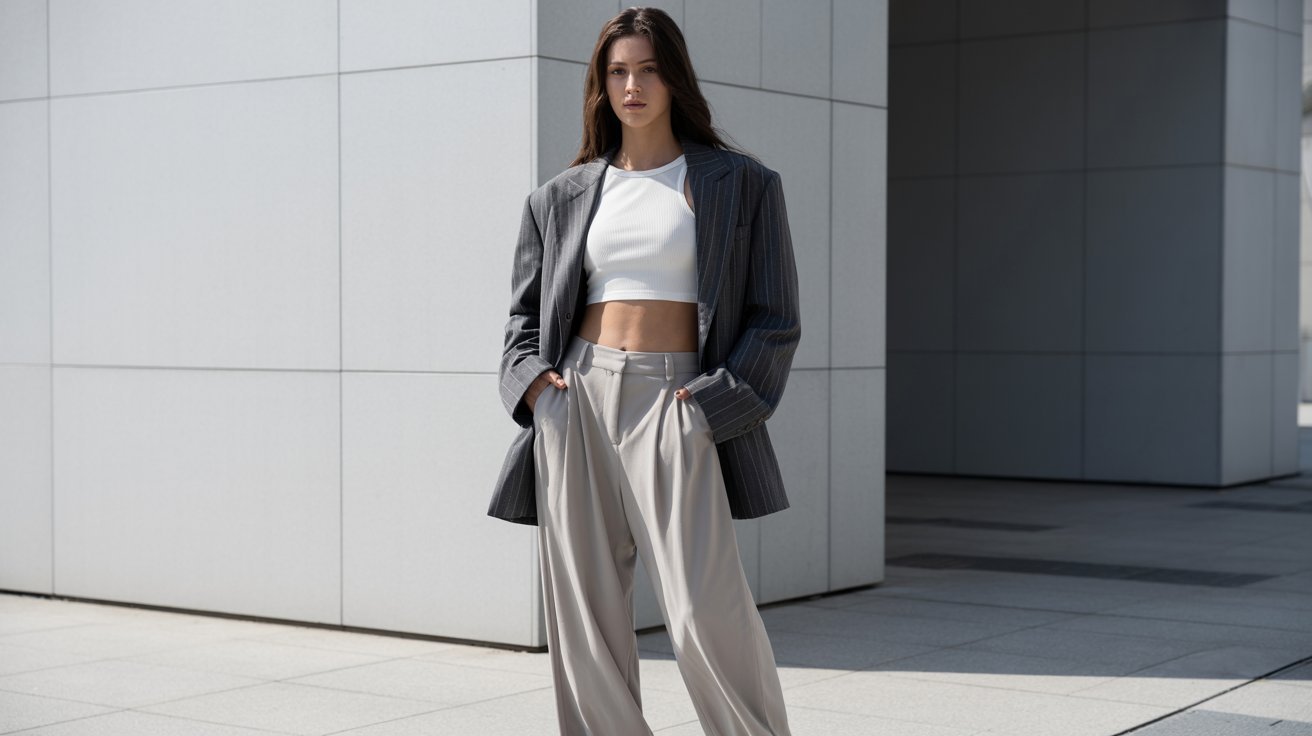 A woman in a cropped top and pants stands on a sidewalk, showcasing a minimalist outfit in neutral tones of beige and grey.
