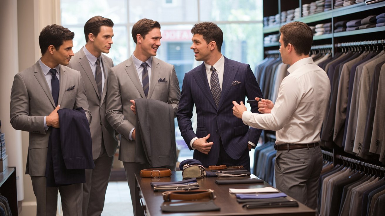 A group of well-dressed men in suits discuss enthusiastically in a stylish suit store. The mood is lively, with racks of clothing in the background.
