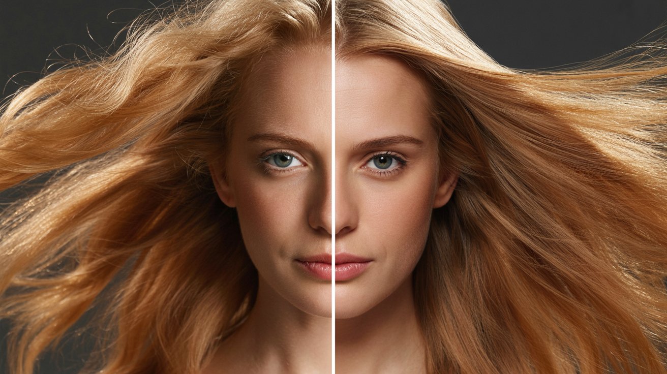 Before and after results of hair glaze showing shine and smoothness