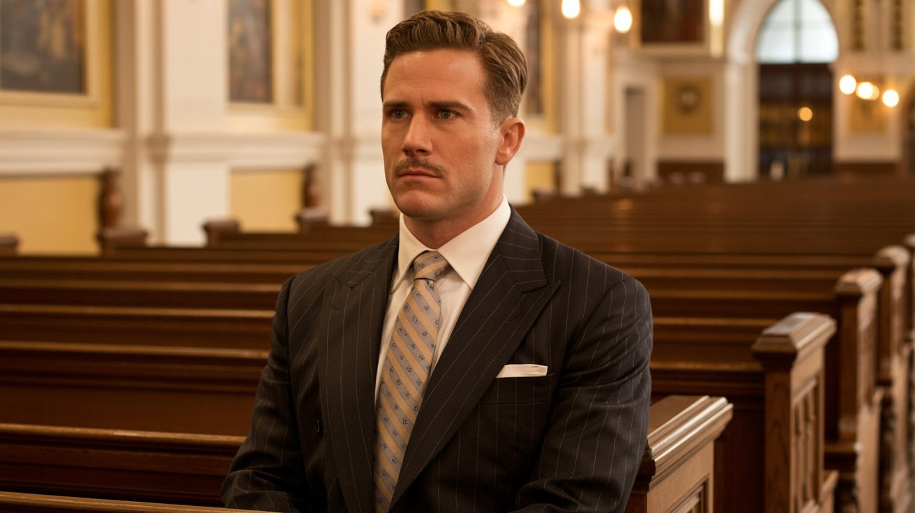 Man wearing formal suit and tie in a church setting