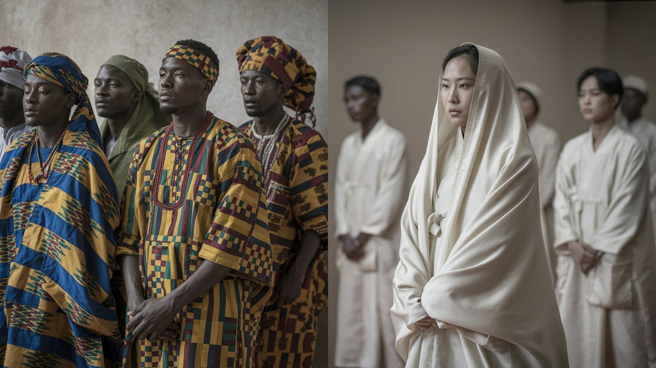 Cultural differences in funeral clothing including white and colorful attire
