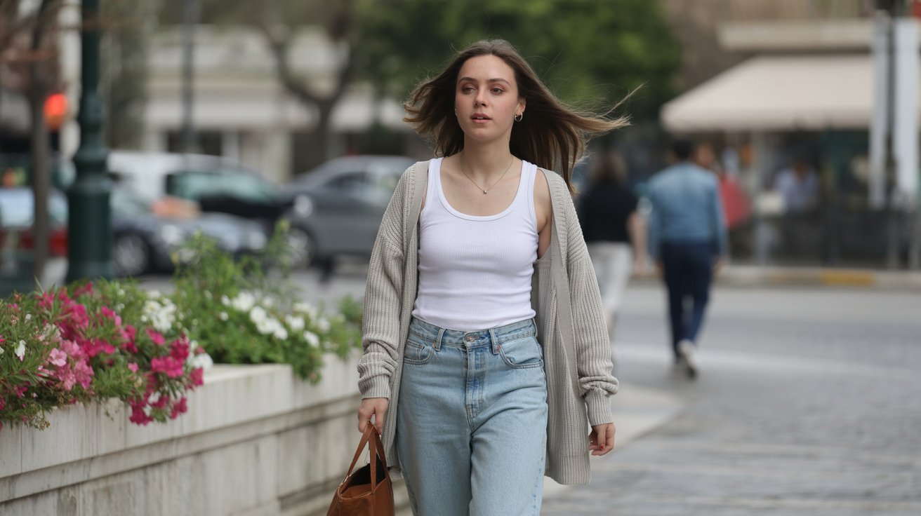 Spring outfit in Greece with light layers and casual European style