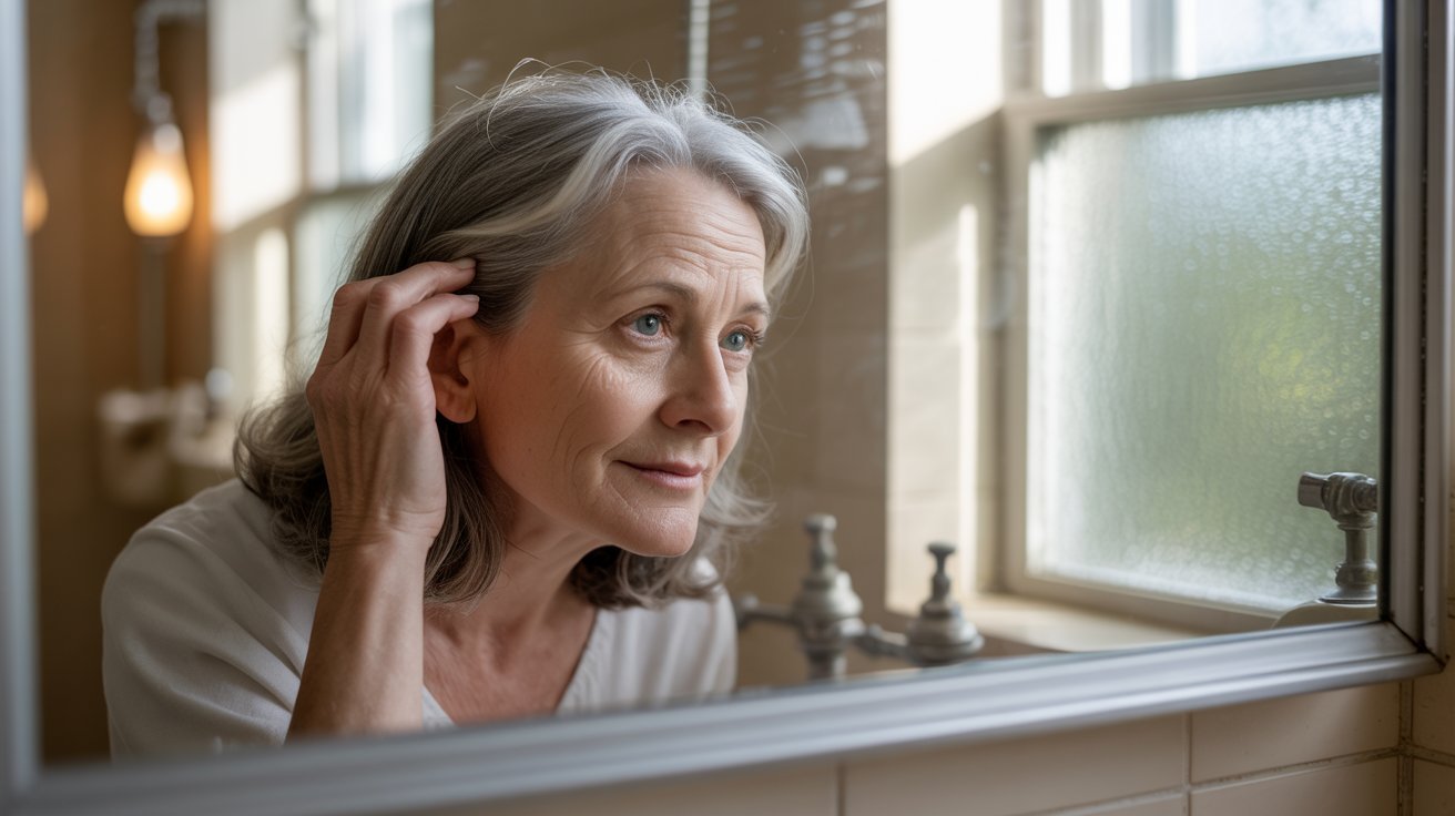 Older woman checking hair thinning in mirror
