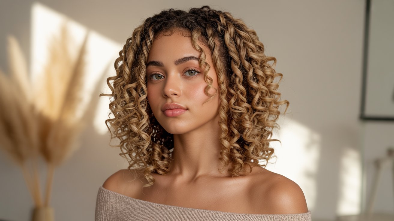 A beautiful young woman with soft, curly-end faux locs, showcasing a stylish hair ideas look.