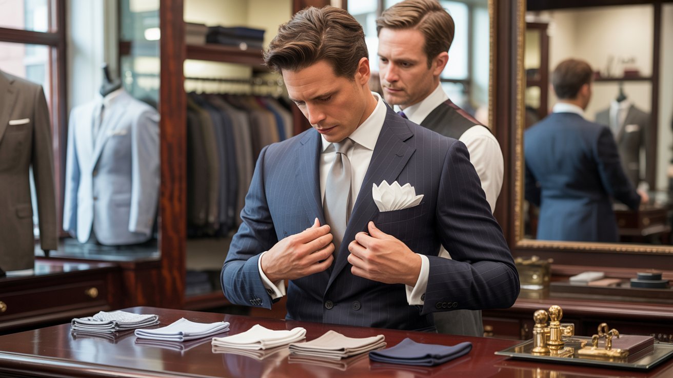 A man in a navy suit is adjusting his jacket, displaying a white pocket square, in a tailor shop. Another man stands behind him, assisting. The atmosphere is polished and refined, with suits and fabric swatches in the background.