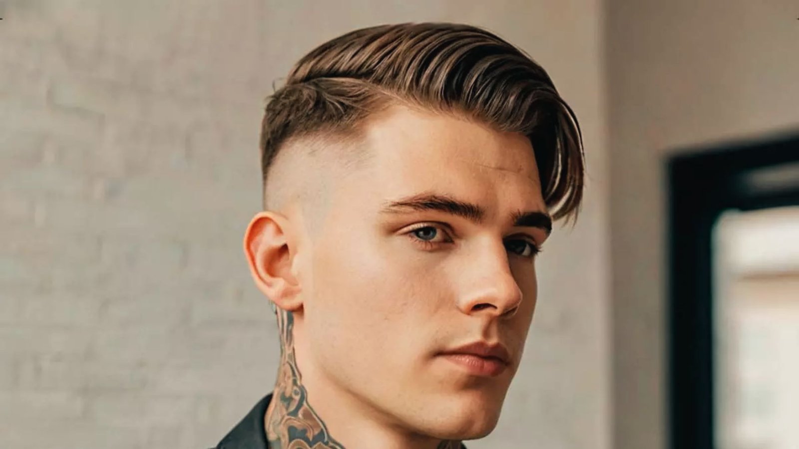 A man with shaved head and neck tattoos, showcasing a classic clean disconnected undercut fade hairstyle.