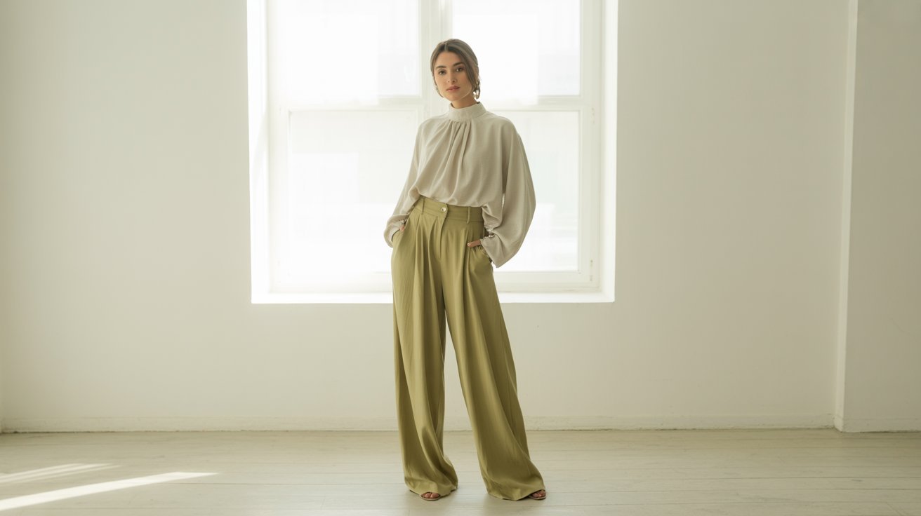 A woman stands confidently in front of a bright window. She wears a cream blouse and high-waisted olive pants. The room is minimalistic and serene.