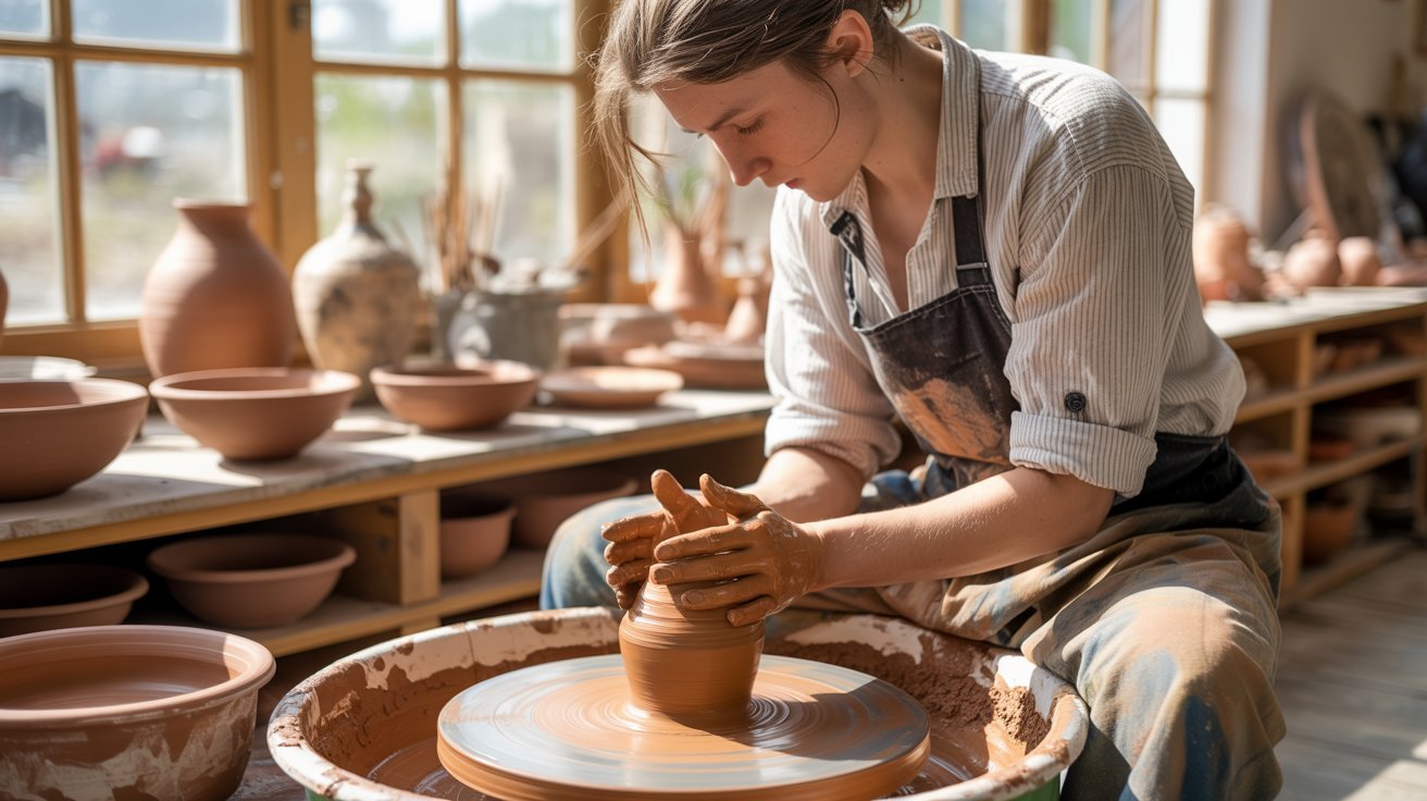 A focused potter in an apron shapes clay on a potter's wheel in a sunlit studio, surrounded by finished pots on shelves, evoking creativity and calm.