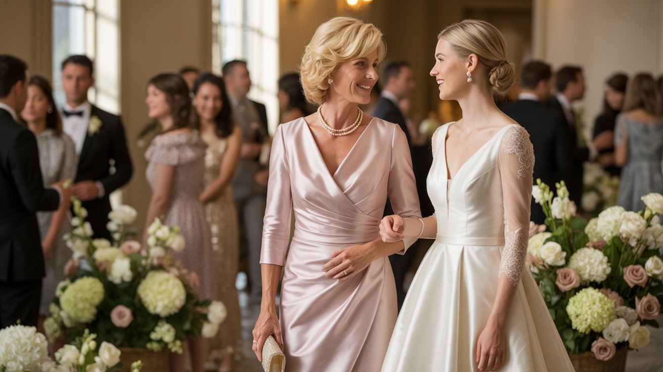 Elegant bride in a white gown and woman in a pink dress smile at each other, surrounded by guests and floral arrangements at a wedding reception.