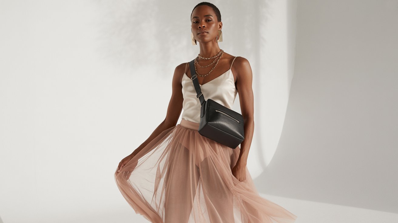A woman in a white satin camisole and flowing blush tulle skirt poses confidently. She carries a black crossbody bag, with a soft light casting shadows.