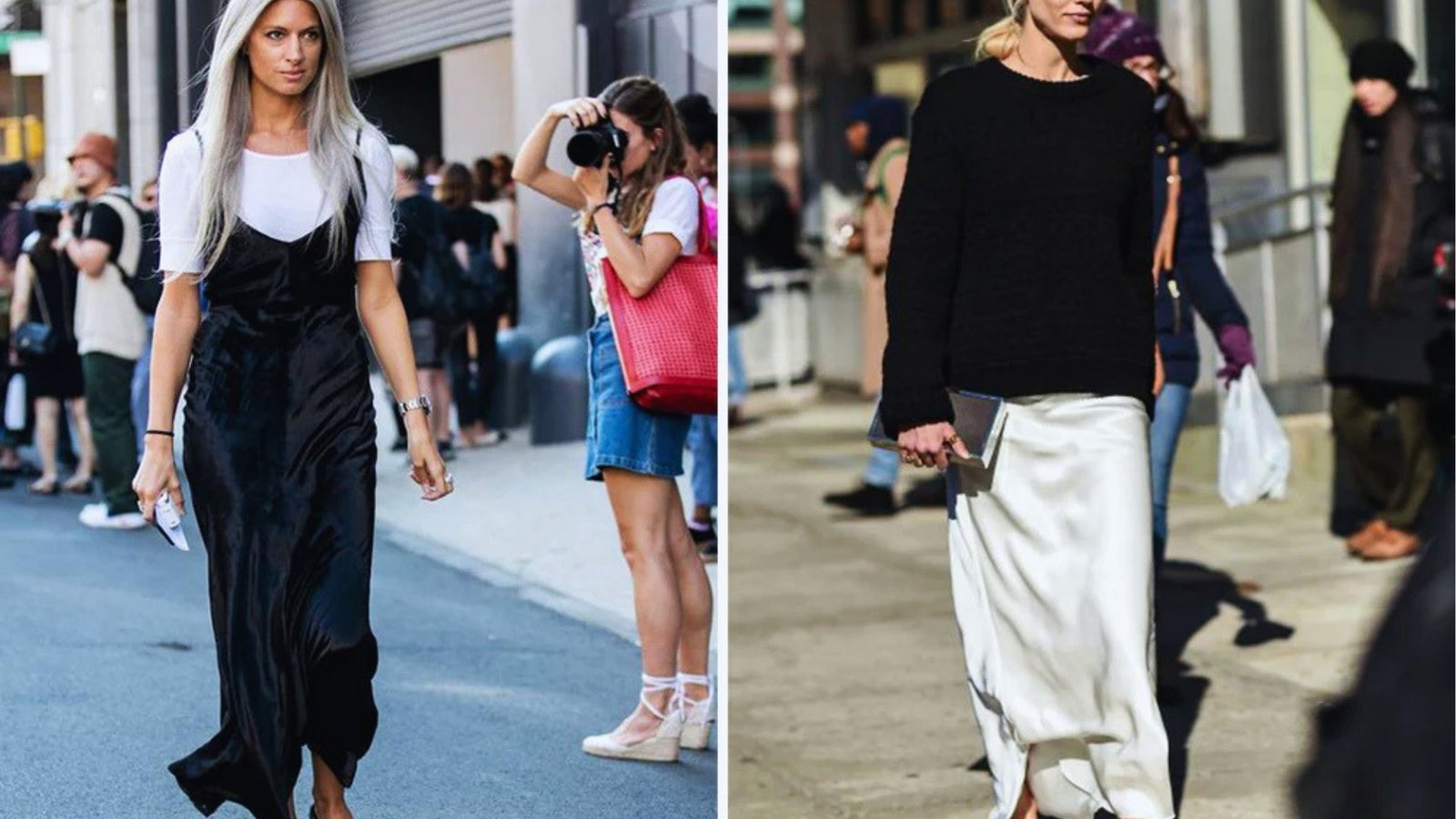 Two women walk confidently on a city street. Left wears a black slip dress over a white top, right wears a black sweater with a white skirt. Casual street fashion scene.