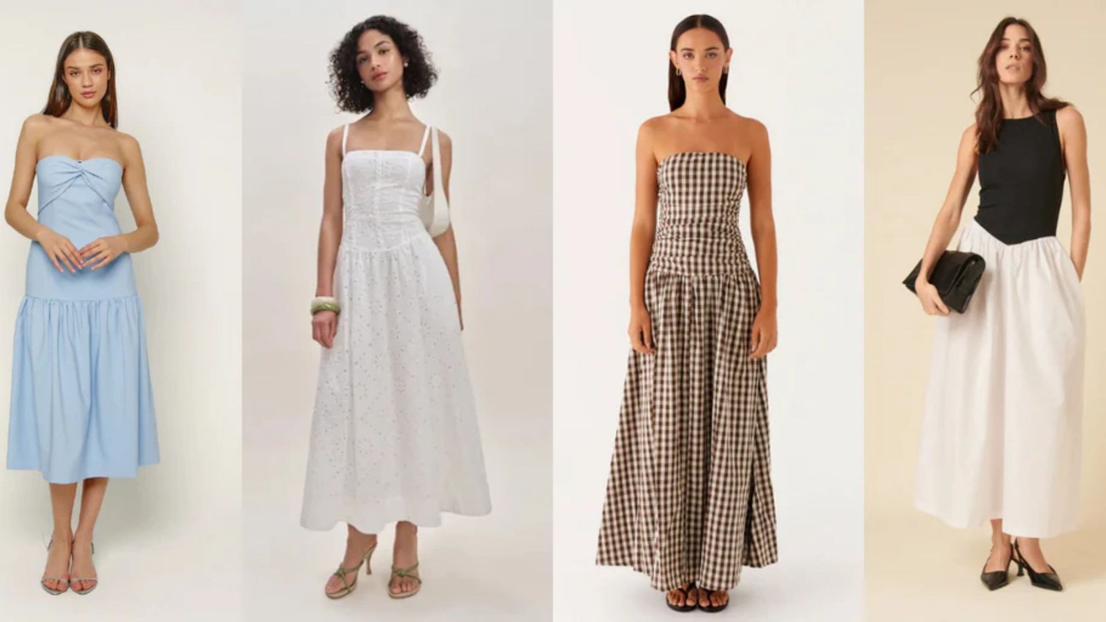 Four women modeling summer dresses. From left: strapless blue, white with straps, strapless checkered, and sleeveless black top with white skirt.