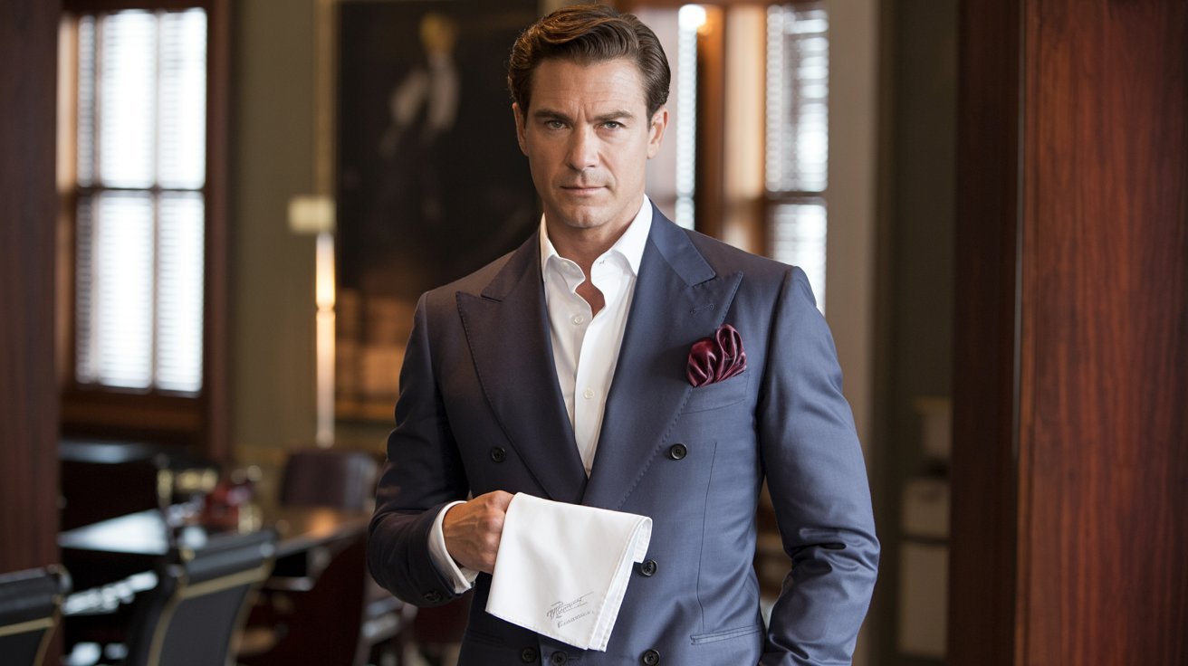A man in a sharp blue suit stands confidently, holding a white handkerchief in a sophisticated room. The atmosphere is elegant and professional.