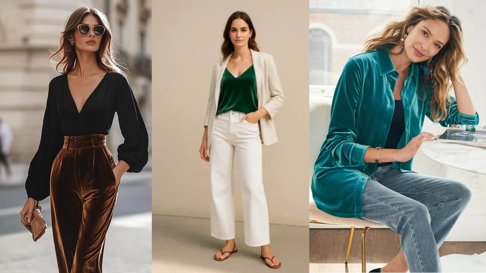 The image features three women in stylish outfits. The first wears a black top with brown velvet pants, exuding elegance. The second sports a green velvet top, white blazer, and pants, offering a sophisticated look. The third dons a teal velvet shirt over jeans, seated casually, radiating relaxed chic.