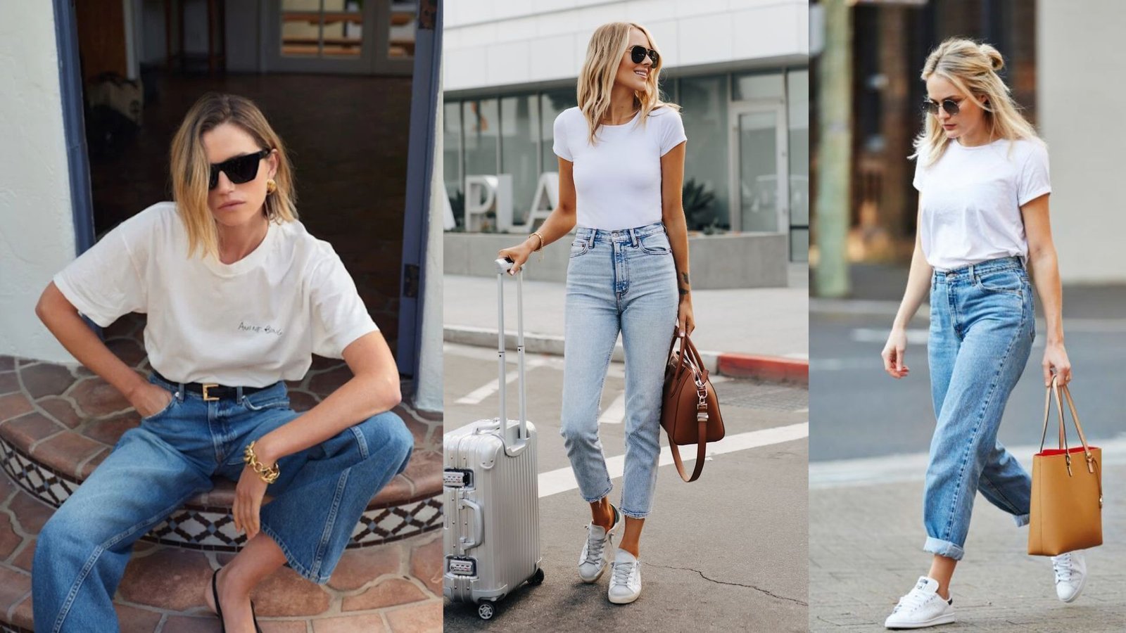 Three casual white tee and jeans mom outfits showing wide-leg jeans with a belt, cropped jeans with a suitcase and brown bag, and cuffed jeans with white sneakers and a tan tote for effortless style.