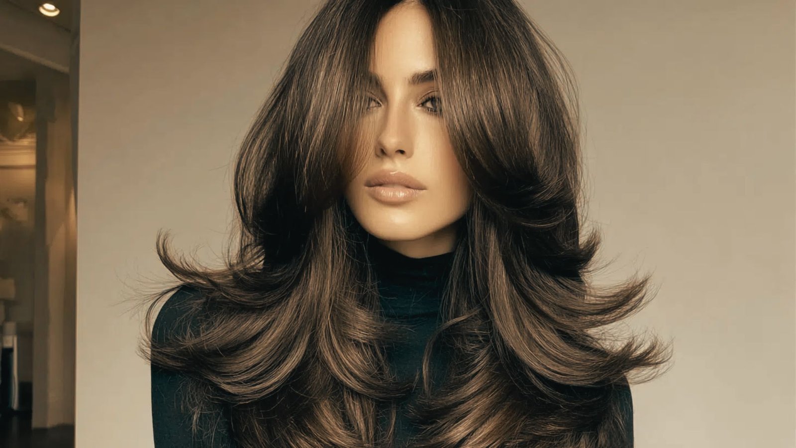  A woman with long, wavy hair featuring a voluminous blowout butterfly cut hairstyle.
