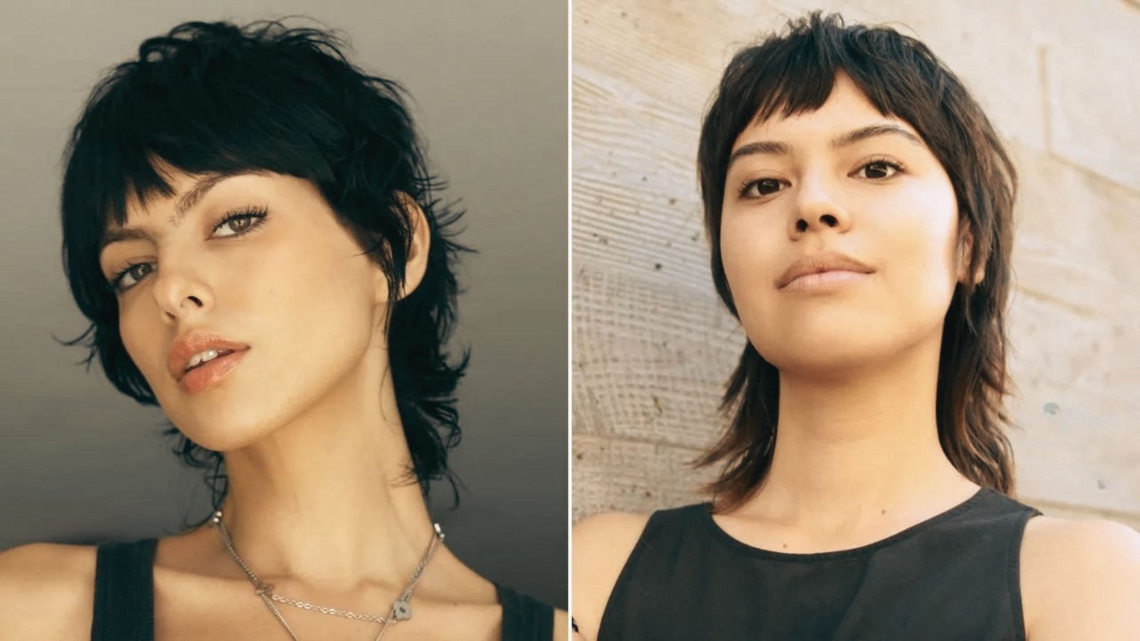Two images of a woman with a modern mullet haircut, showcasing different angles and styles of her short hair.