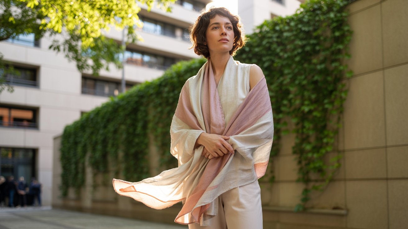 A person with short curly hair stands in an urban setting, wearing a flowing, light-colored shawl. The mood is serene, with sunlight filtering through trees.