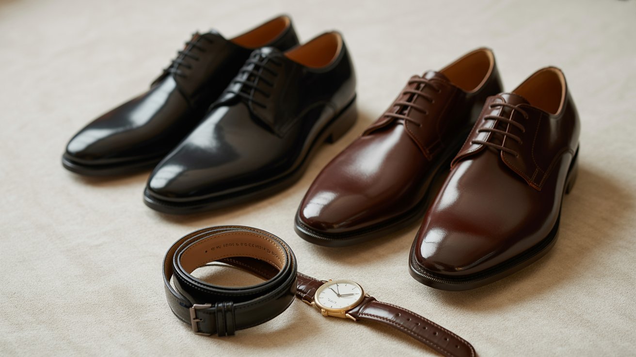 Polished leather shoes and matching belt suitable for court attire