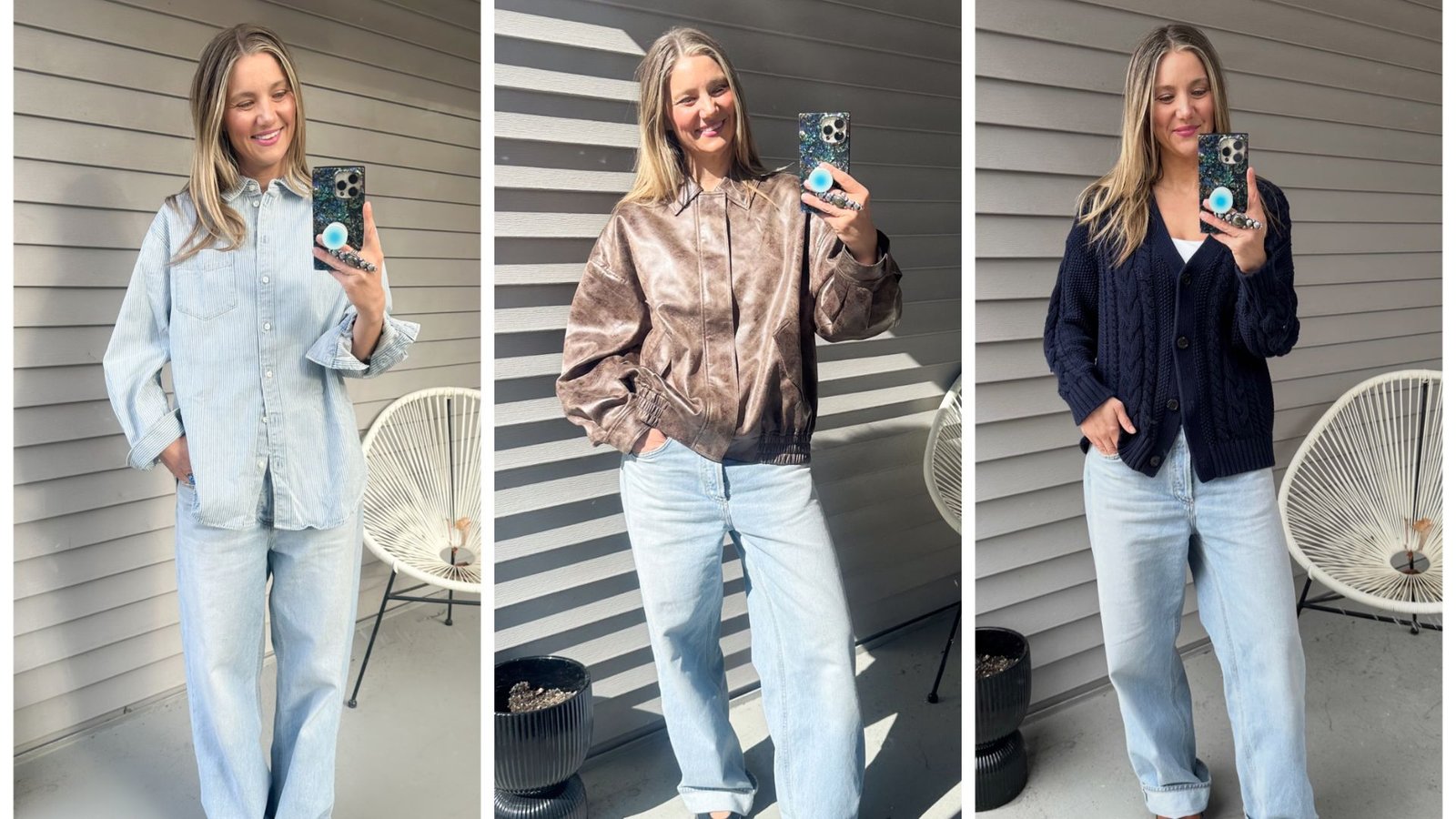 Three mirror selfies of a woman in light wash jeans styled with different tops for moms. Outfits include a striped button down, brown bomber jacket, and navy cardigan for easy comfort. 
