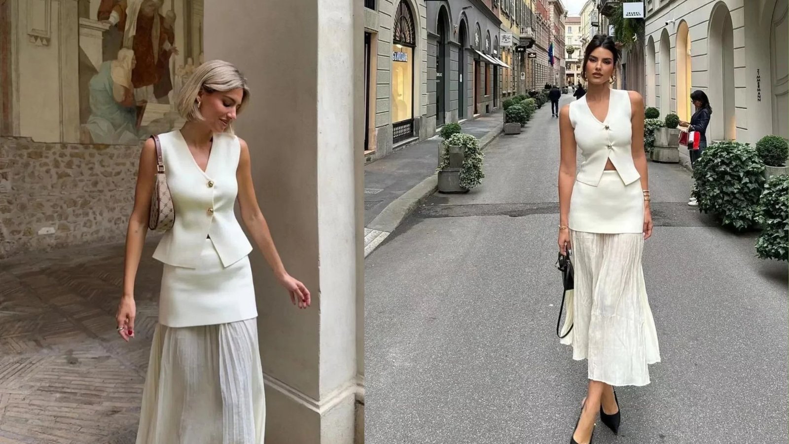 Two women in matching white sleeveless vests layered over pleated maxi skirts. A chic, minimalist 90s mom outfit styled for city streets