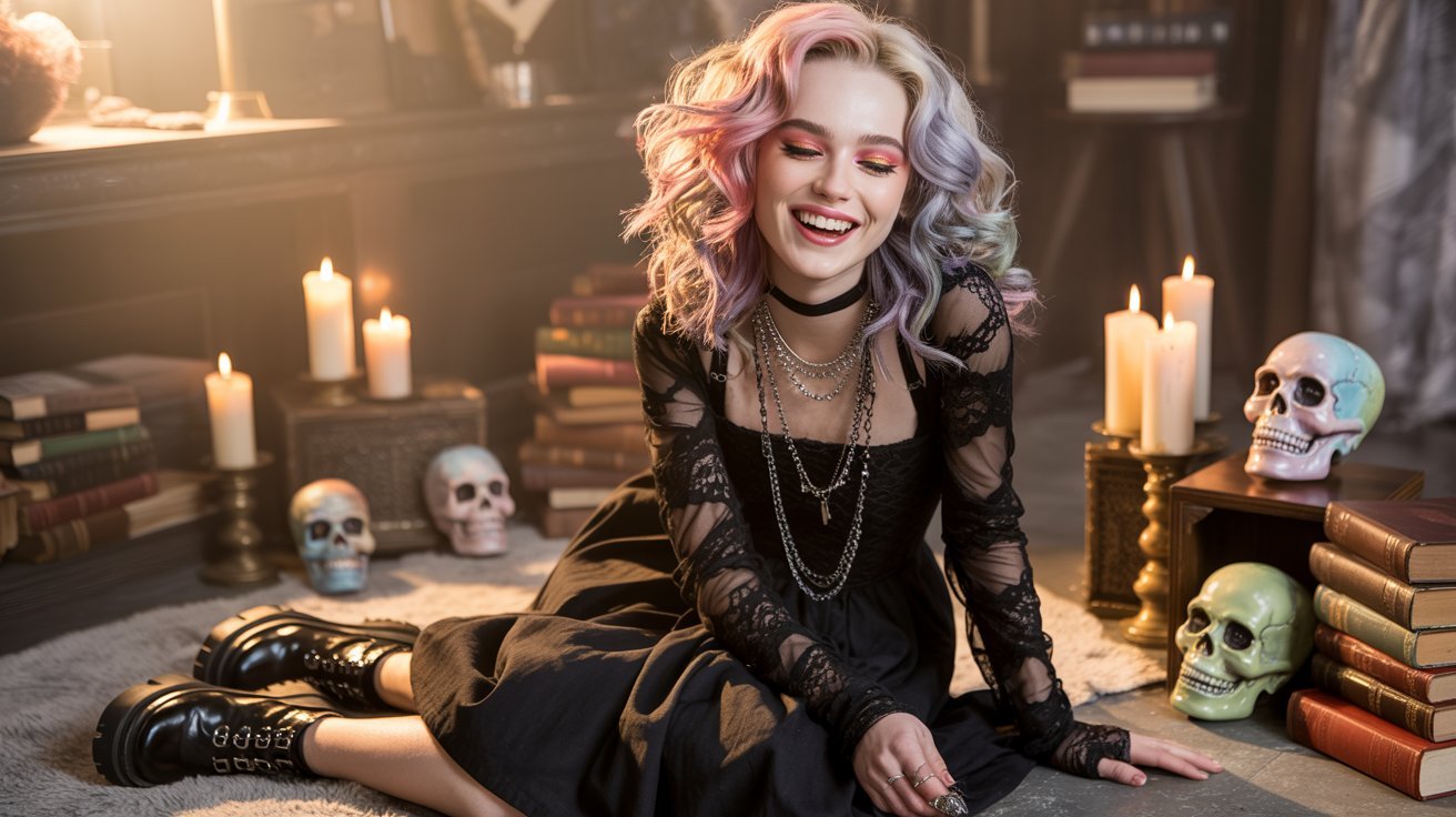 A woman with pink hair sits on the floor surrounded by skulls and candles, embodying a cheerful goth aesthetic.
