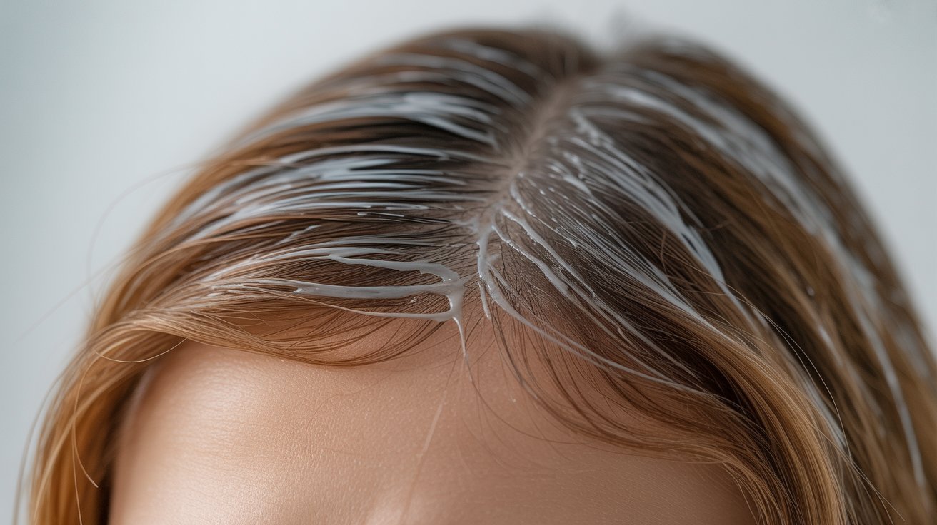 Close-up of hair strands showing smooth glossy coating from hair glaze