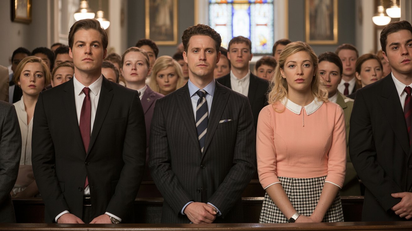 People wearing formal attire inside a traditional church service
