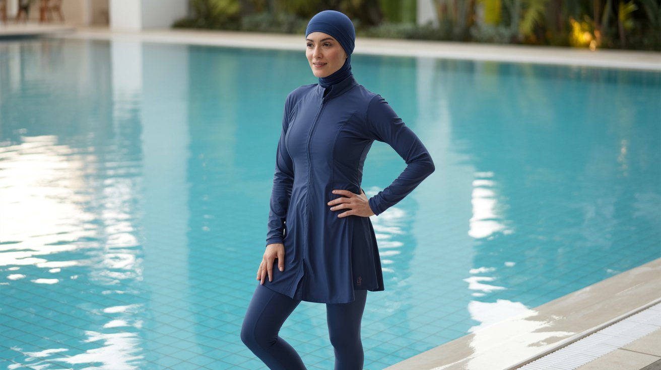 A woman in a navy blue burkini stands confidently by a swimming pool, her hand on her hip. The scene is calm, with green plants in the background.