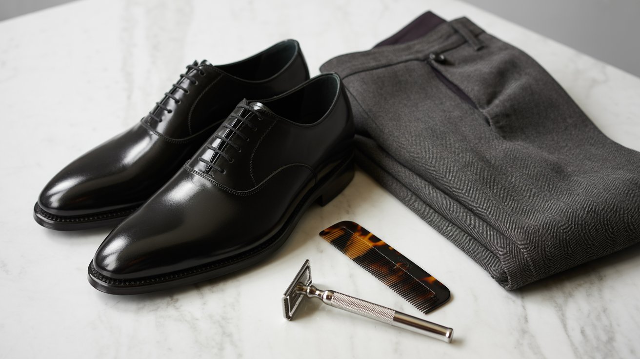 Polished shoes and grooming essentials for funeral attire
