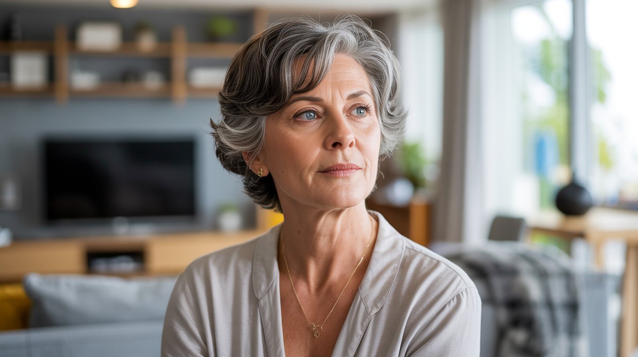 Older woman with short grey hair looking confident and natural at home