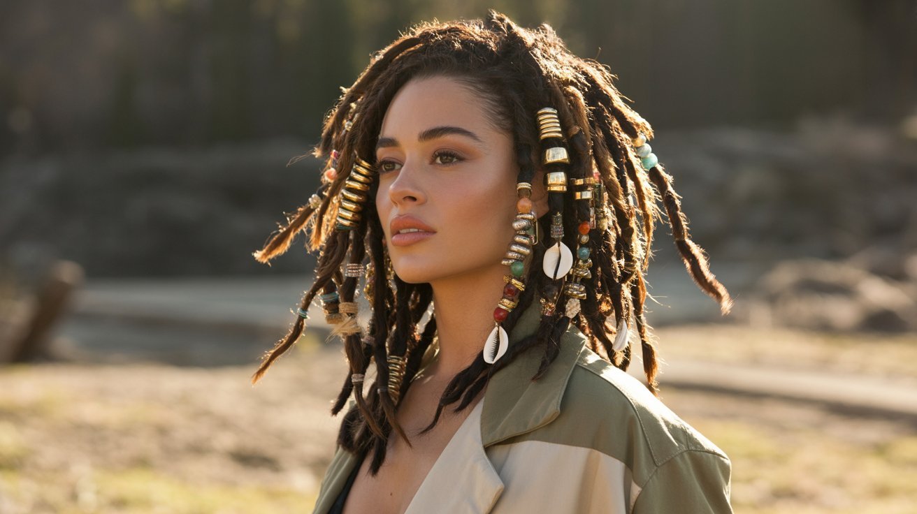 A woman with faux locs and a decorative necklace, showcasing a stylish hair ideas look.