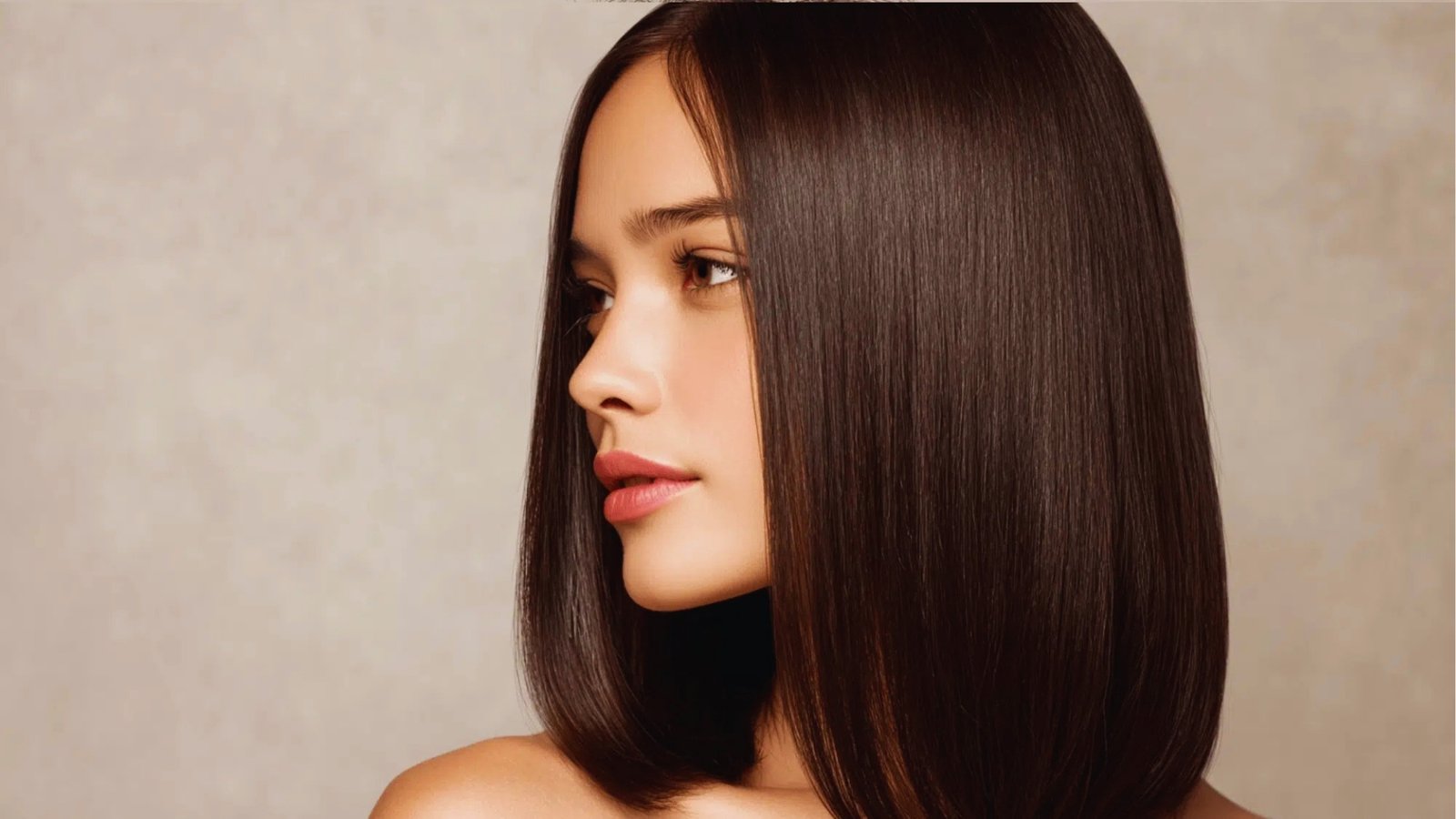 Sleek straight shoulder length haircut with subtle inward curve on dark brunette hair